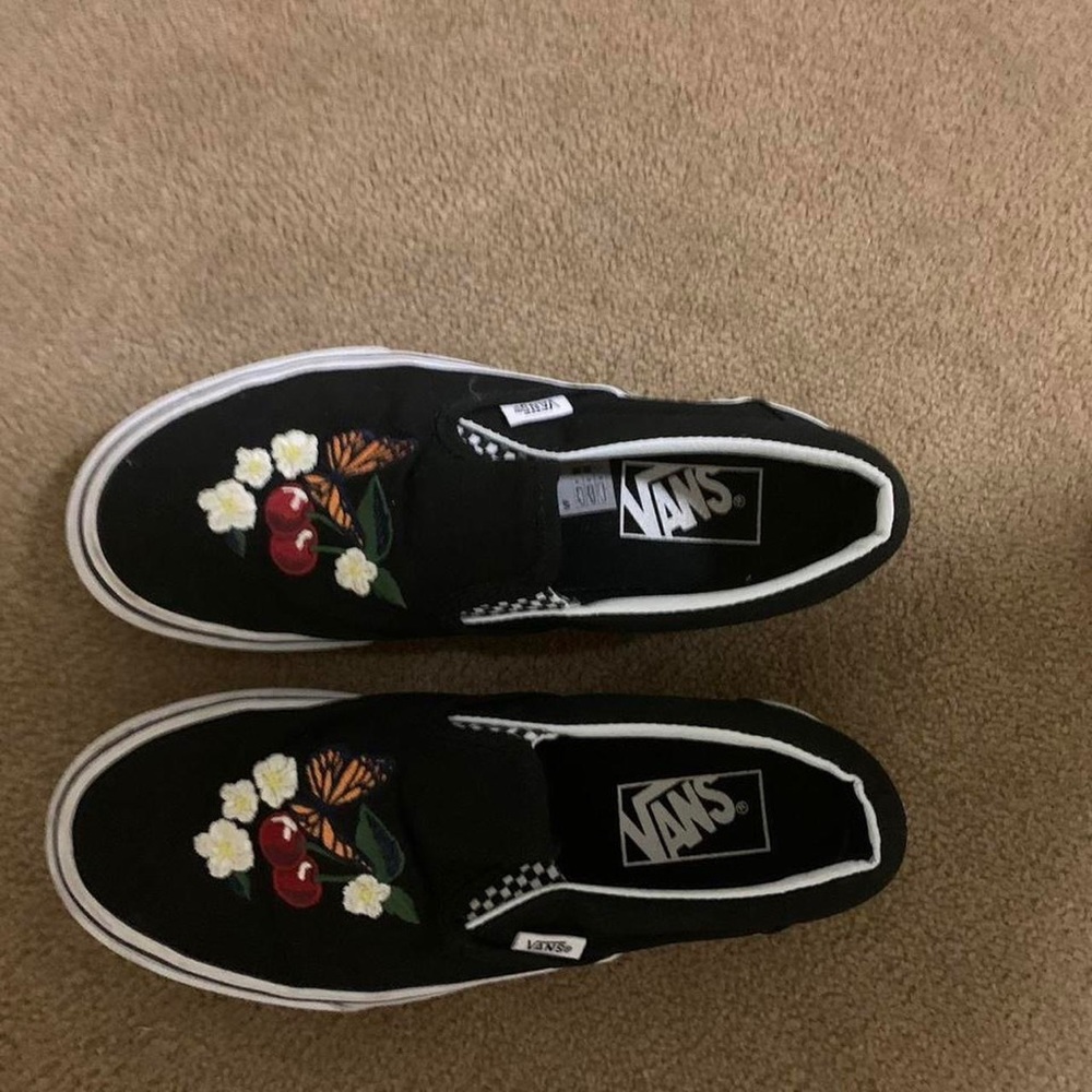 Black butterfly cherry embroidered slip on vans